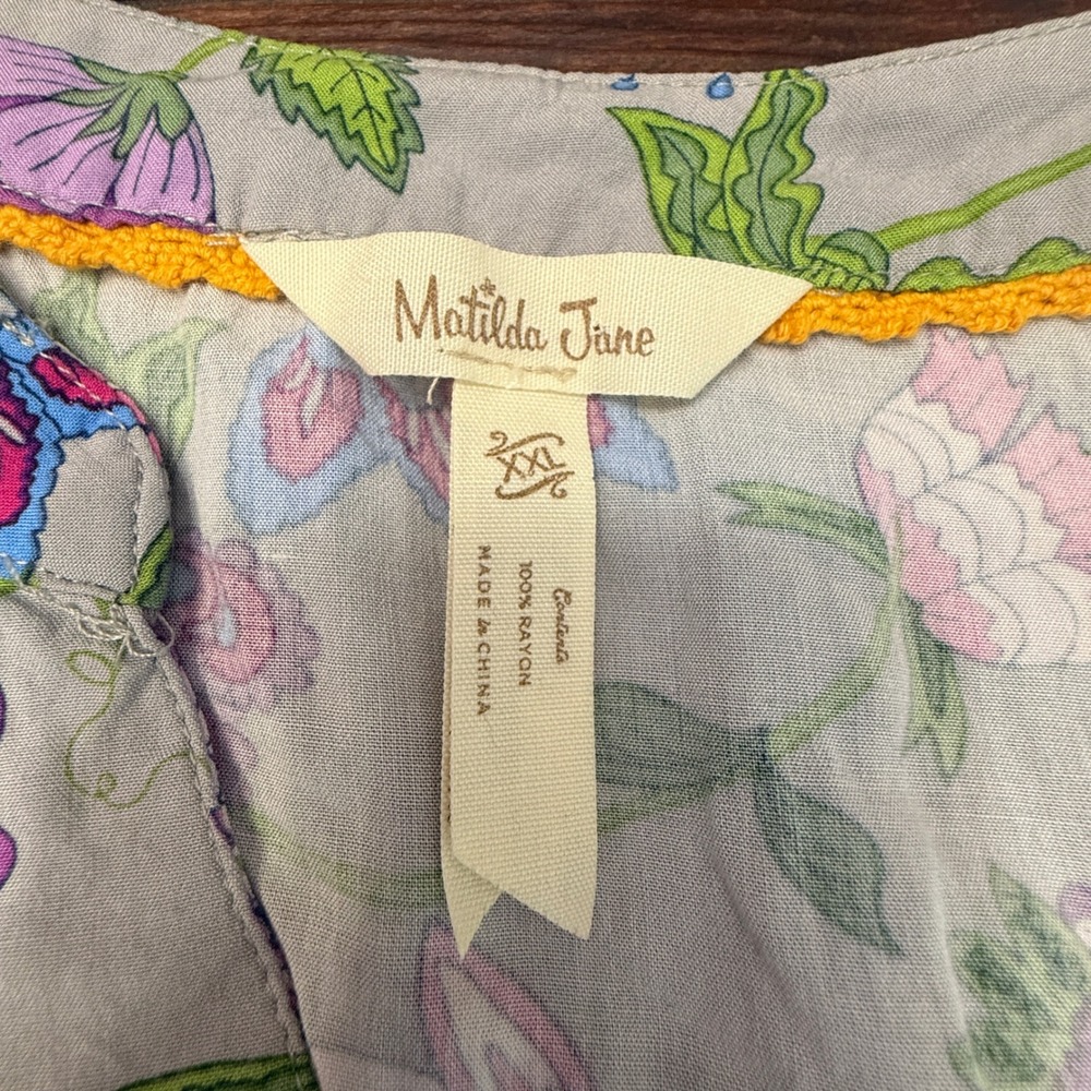 Matilda Jane Thinking Out Loud Floral Henley Blouse Gray Purple XXL Rayon Boho - Picture 5 of 9